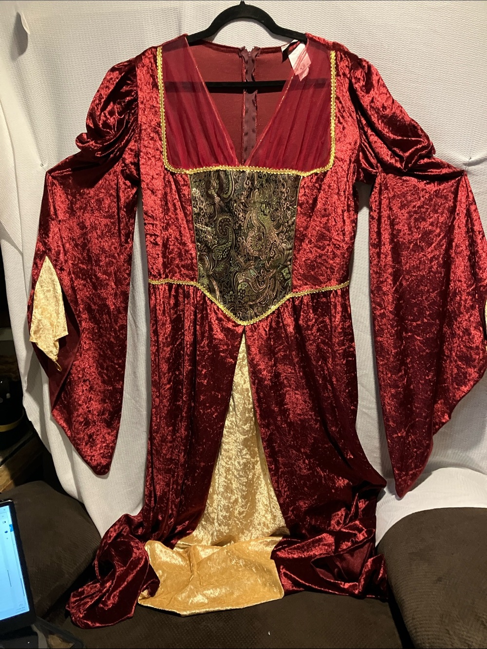 Red Velvet Medieval Maxi Dress with Gold Accents